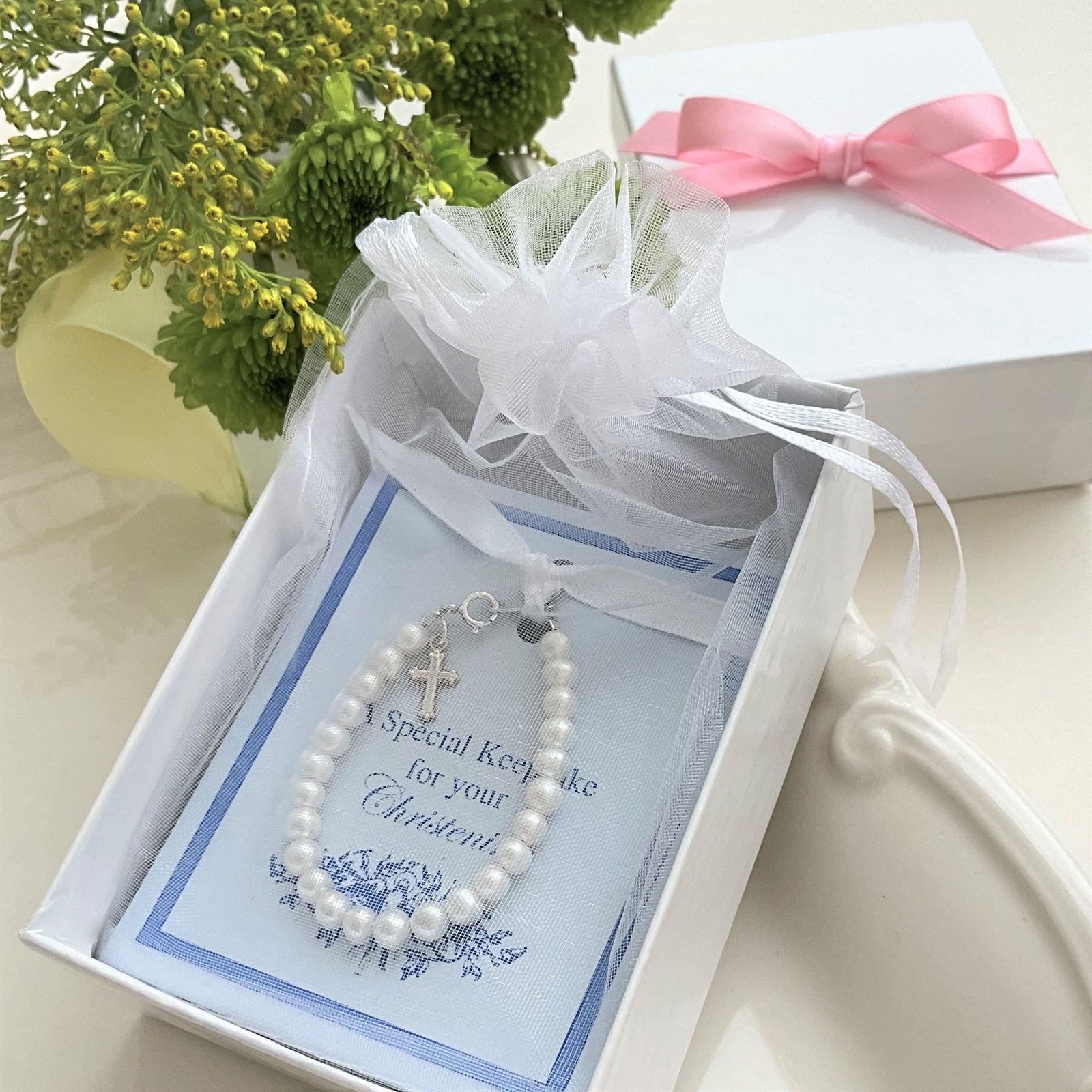 Infant Freshwater Pearl Christening Bracelet with Sterling Silver Cross Charm