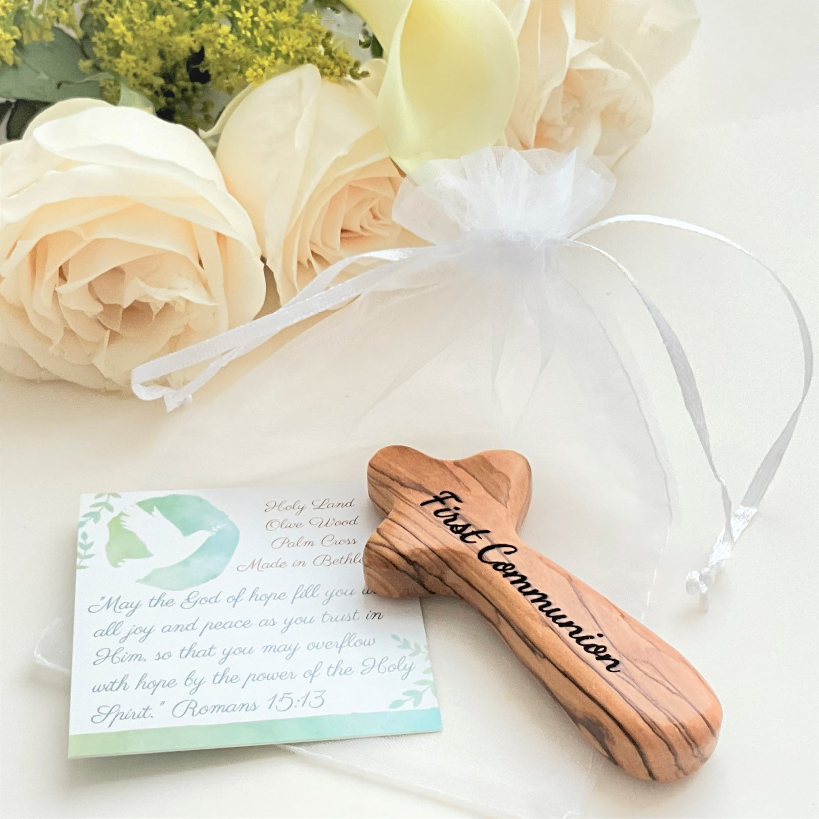 Custom Personalized First Communion Prayer Cross | Engraved Holy Land Olive Wood