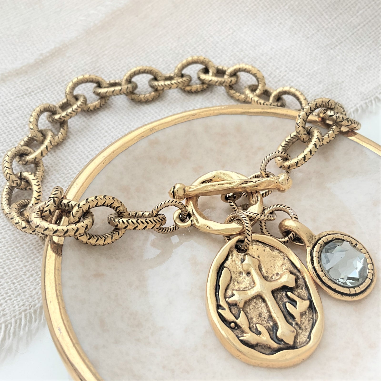 Antiqued Gold Link Bracelet | Old-World Oval Cross & Swarovski Charm