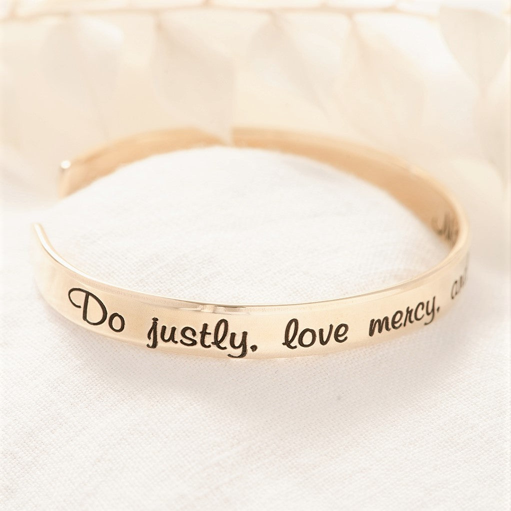 Do Justly, Love Mercy, Walk Humbly Gold Brass Engraved Cuff Bracelet | Micah 6:8
