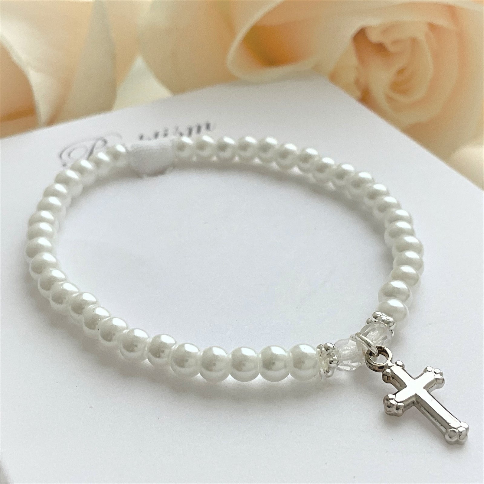 Crystal & Pearl Children's Baptism Bracelet with Cross Charm