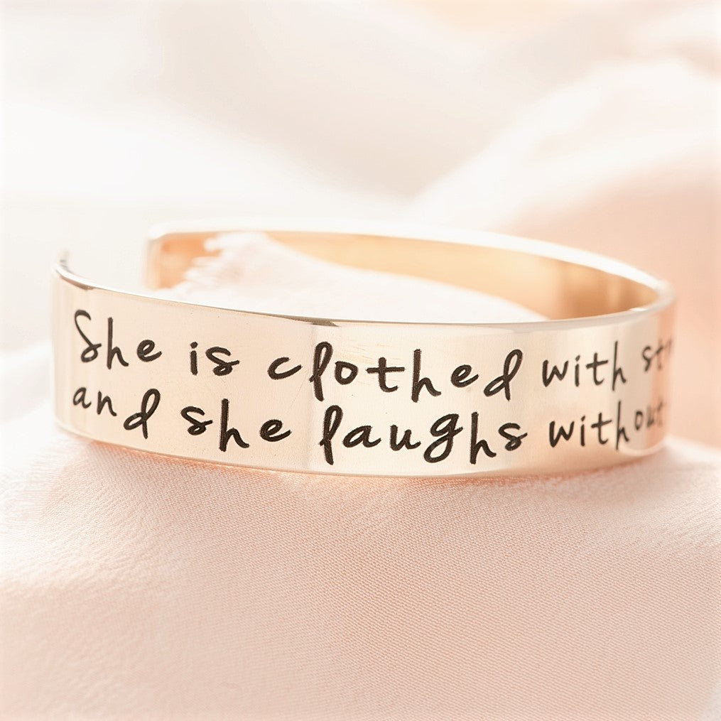 Proverbs 31:25 Engraved Gold Brass Cuff Bracelet