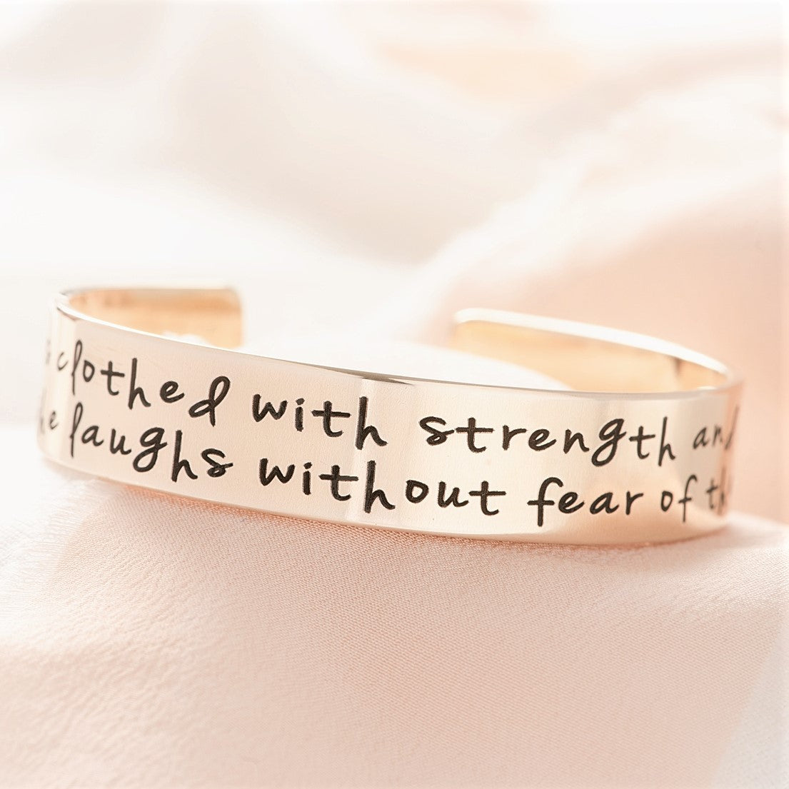 Proverbs 31:25 Engraved Gold Brass Cuff Bracelet