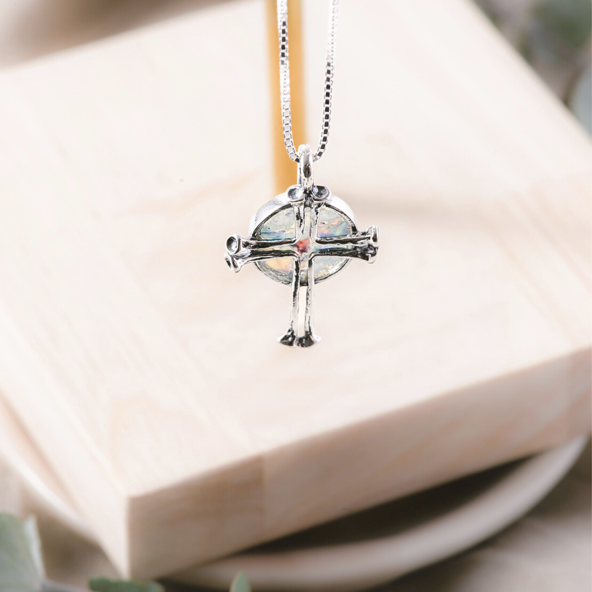 Sterling Silver Ancient Roman Glass Holy Land Cross Necklace
