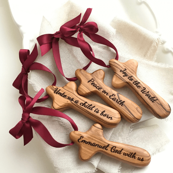 Holy Land Olive Wood Bethlehem Cross Christmas Ornament | Free Personalization & Custom Engraving Available