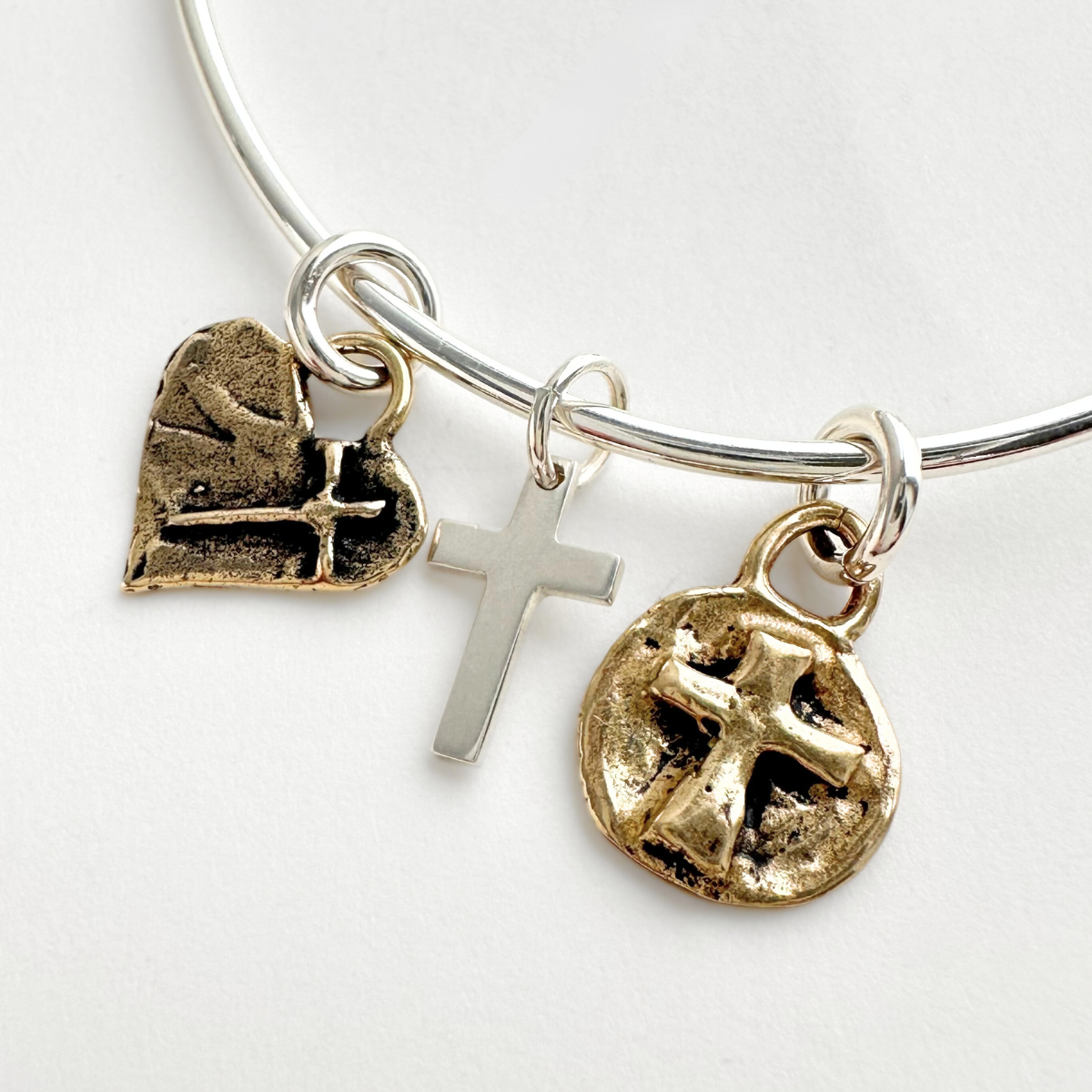 Sterling Silver Wire Bangle Bracelet with Cross Charms | Choose Your Design