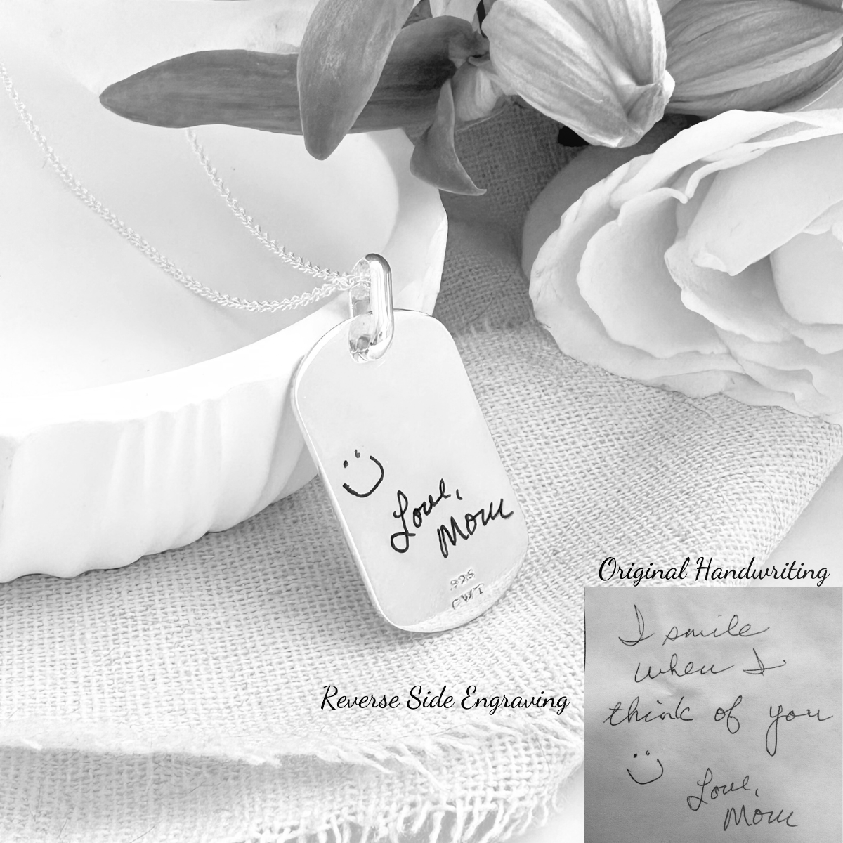 Sterling Silver Petite Dog Tag Pendant Necklace | Custom Engraved with Your Actual Handwriting