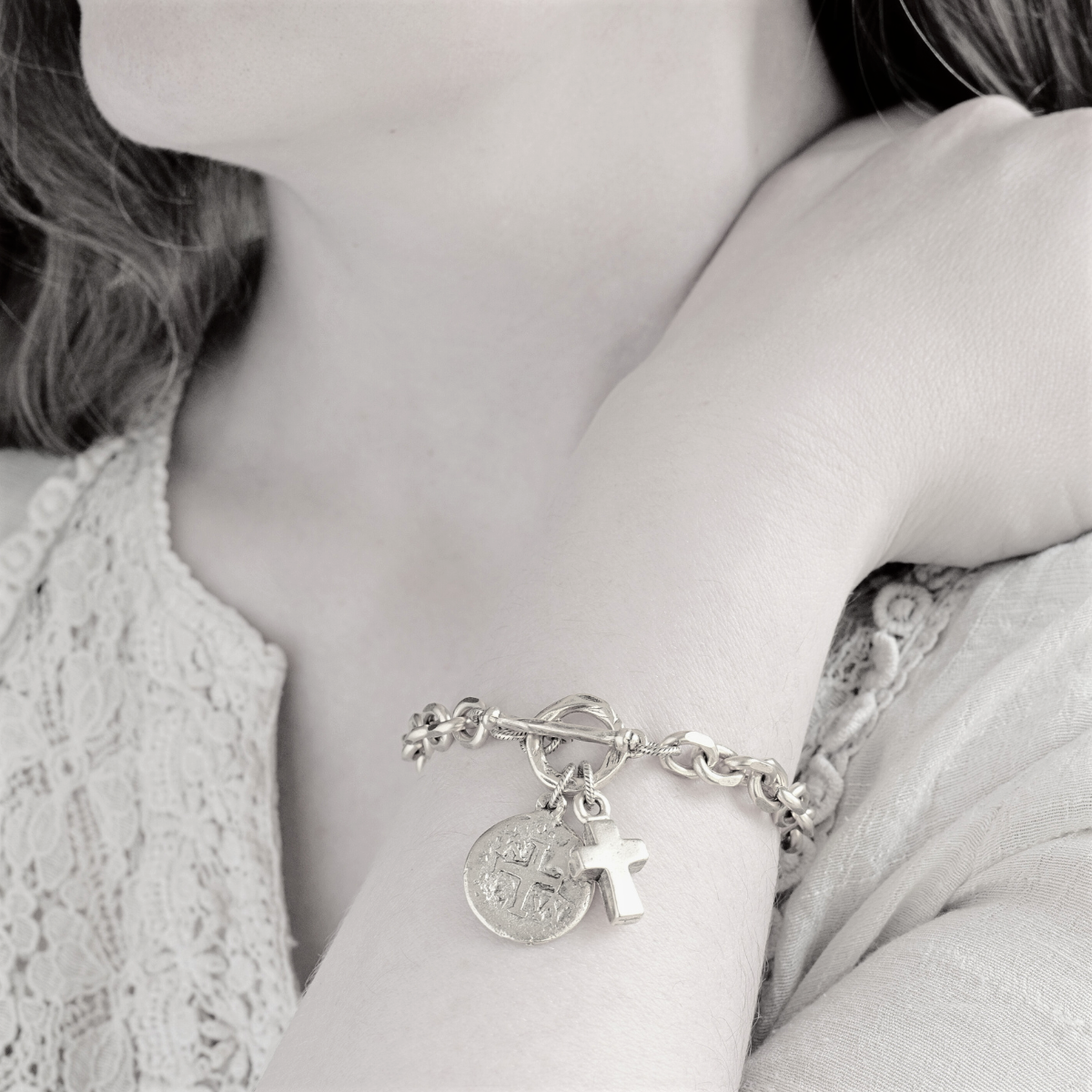 Vintage Gold Cross Charm Bracelet | Ancient Coin