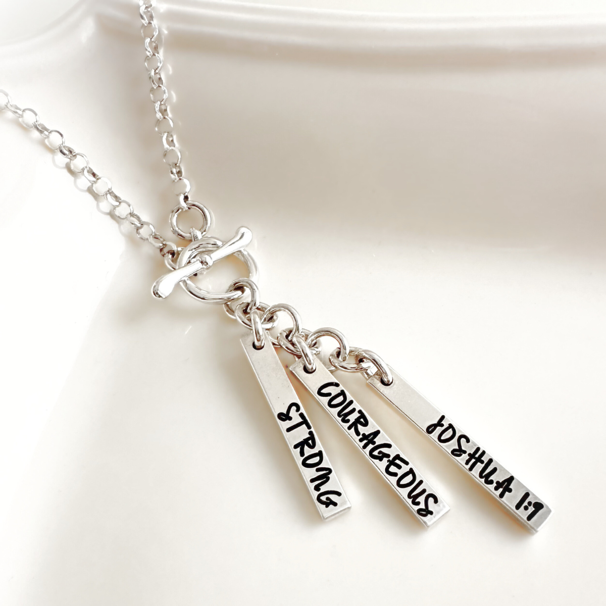 Sterling Silver Vertical Bar Necklace | Strong & Courageous | Joshua 1:9