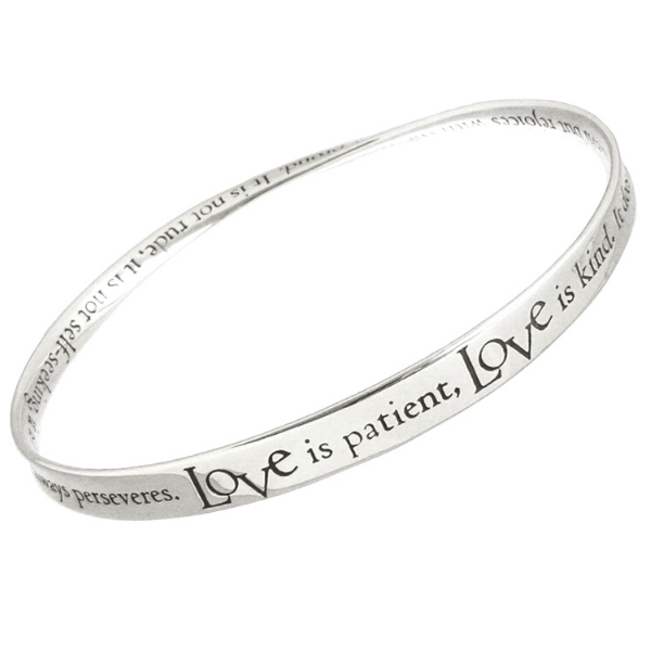 Love is Patient Mobius Bangle Bracelet | 1 Corinthians 13 | Sterling Silver or 14k Gold