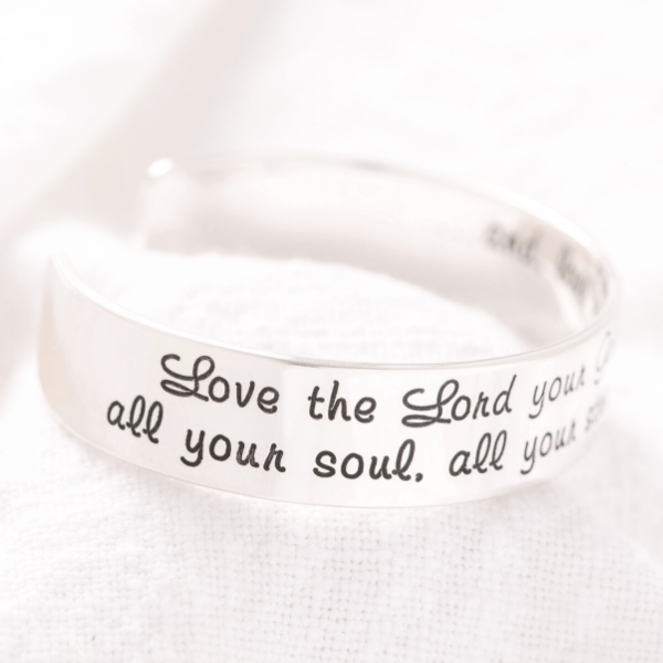 Love the Lord Your God Engraved Cuff Bracelet | Luke 10:27 | Sterling Silver or 14k Gold