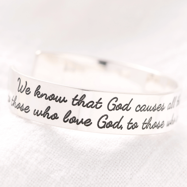 God Works All Things Together Engraved Cuff Bracelet | Romans 8:28 | Sterling Silver or 14k Gold