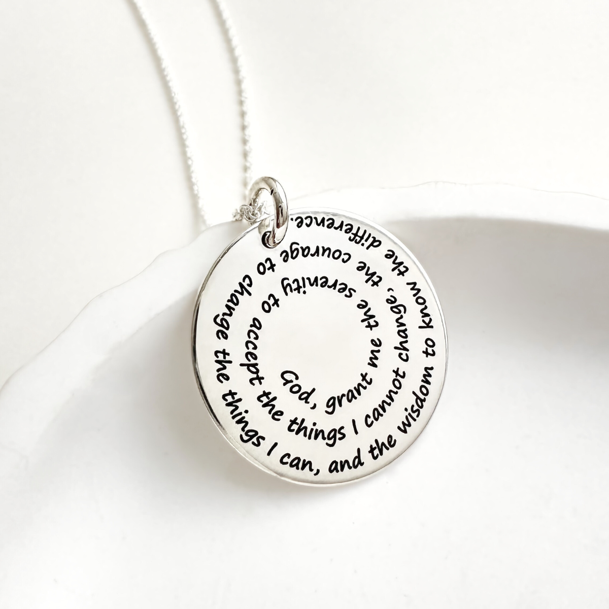Sterling Silver Serenity Prayer Spiral Disc Necklace