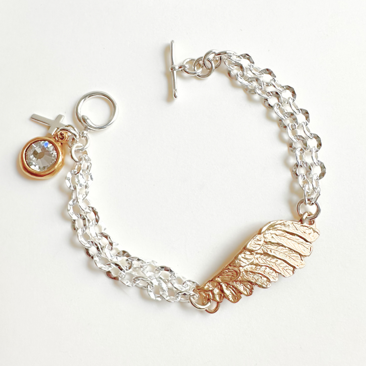 Sterling Silver Hammered Link Bracelet | Bronze Angel Wing