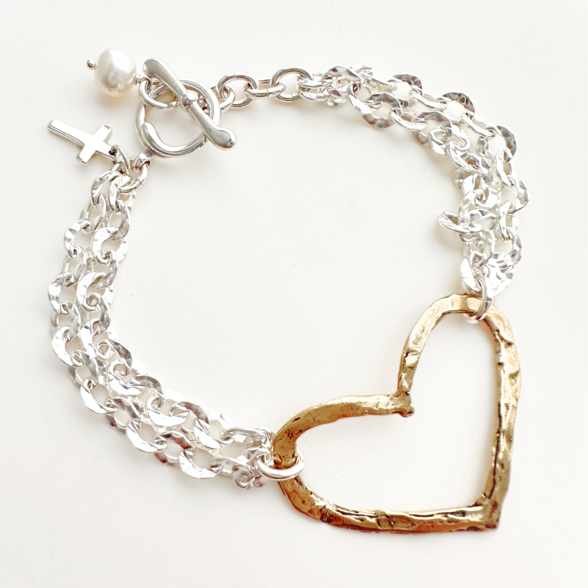 Sterling Silver Hammered Link Bracelet | Bronze Open Heart