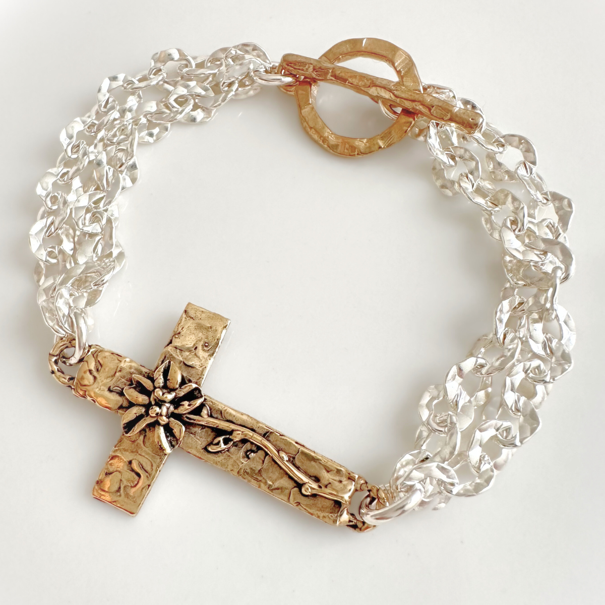 Sterling Silver Hammered Link Bracelet | Bronze Flowering Cross