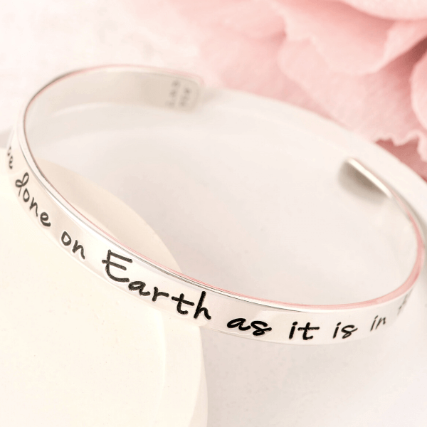 The Lord's Prayer Sterling Silver Engraved Scripture Verse Cuff Bracelet | Thy Will Be Done on Earth as it is in Heaven | Matthew 6:10