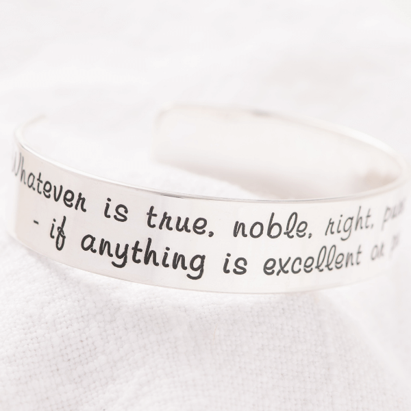 Philippians 4:8 Engraved Scripture Verse Cuff Bracelet | Sterling Silver or 14k Gold
